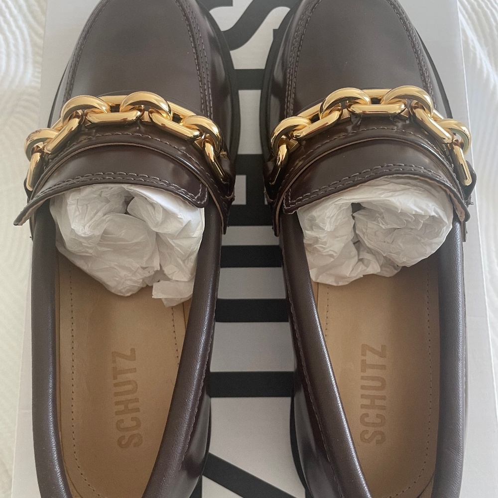 Schutz Dannie Loafers (Dark Brown with Gold Chain Detail) - Picture 8 of 9